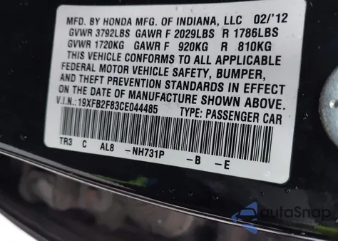 2012 Honda Civic Ex from USA, damaged, VIN 19XFB2F83CE044485